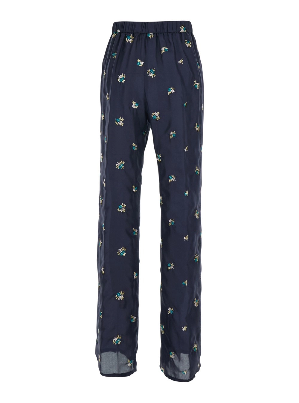 Forte_Forte Pantaloni con ricami floreali all over in seta blu donna, view 2