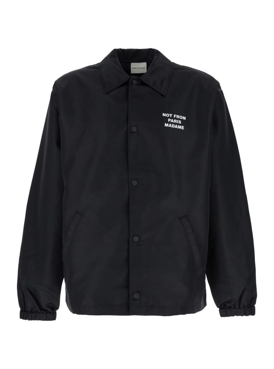 Drôle de monsieur Giubbotto 'La Veste Slogan' con Colletto Classico e Stampa Slogan su Fronte e Retro in Tessuto Tecnico Nero Uomo