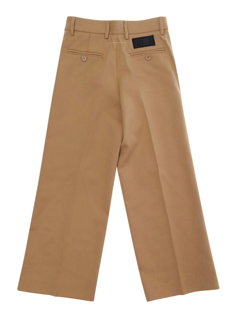 Mm6 maison margiela kids Pantaloni con tasche a filetto su fronte e retro e patch logo sul retro in misto lana stretch marroni bambino, view 2