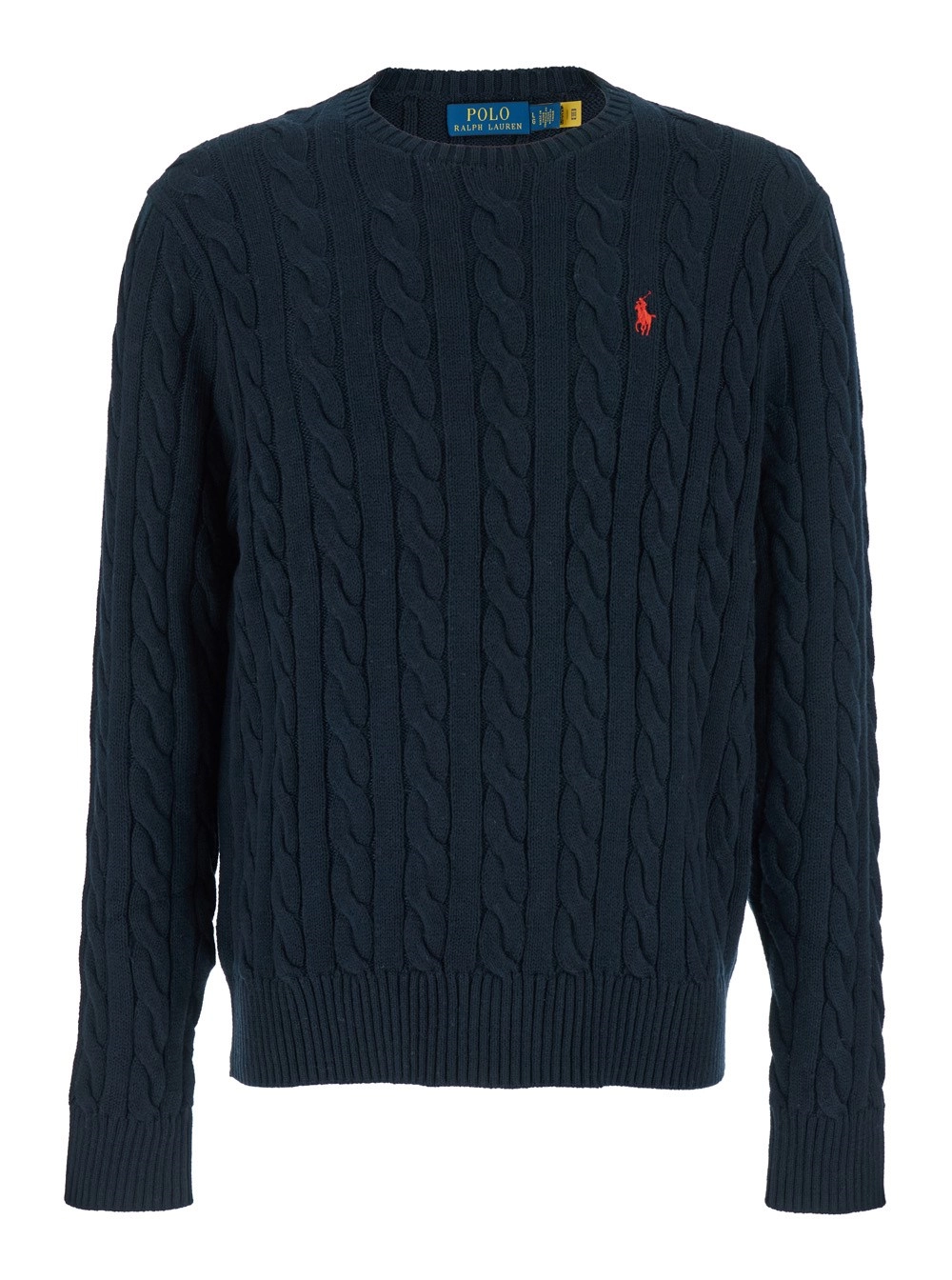 Polo Ralph Lauren Maglione Girocollo con Ricamo Cavallino sul Fronte e Ricamo Intrecciato in Cotone Blu Uomo