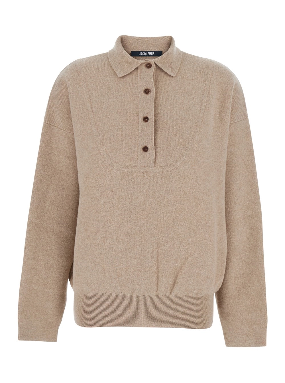 Jacquemus Maglione 'La Maille Vareuse Pallone' con Colletto Stile Polo in Lana e Cashmere Stretch Beige Donna