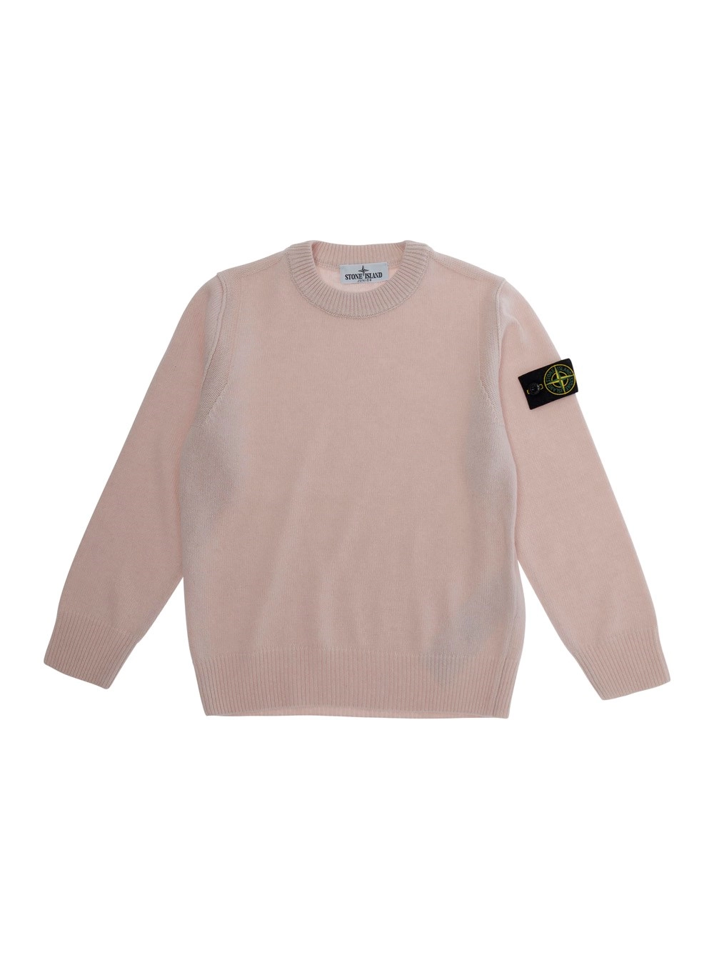 Stone island kids Maglione girocollo con patch logo sulla manica in lana rosa bambino