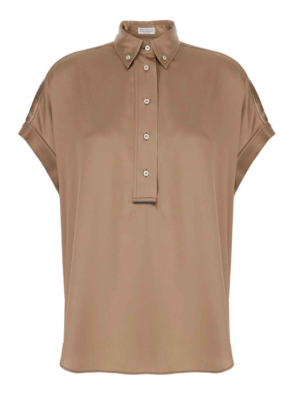 Brunello Cucinelli Camicia con Colletto Button Down e Chiusura con Bottoni sul Fronte in Seta Stretch Beige Donna