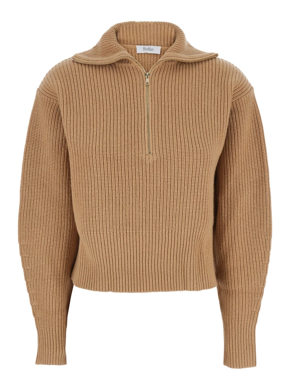 Max Mara Maglione con Collo Alto e Design a Coste in Misto Lana e Cashmere Beige Donna