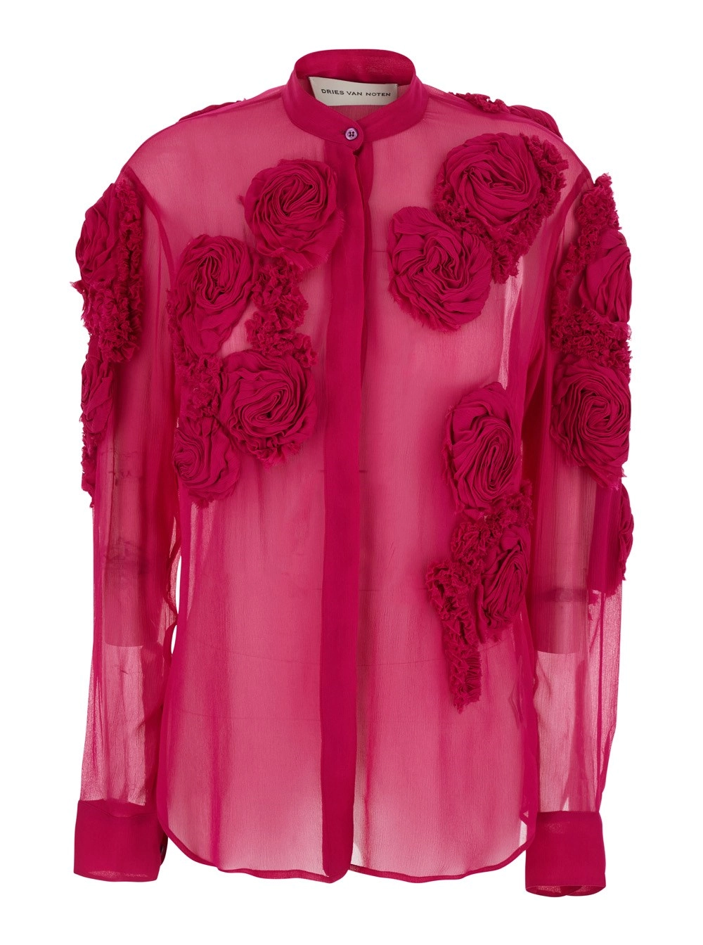 Dries Van Noten Camicia con Colletto alla Coreana e Ricami Floreali 3D All-Over in Seta Fuxia Donna