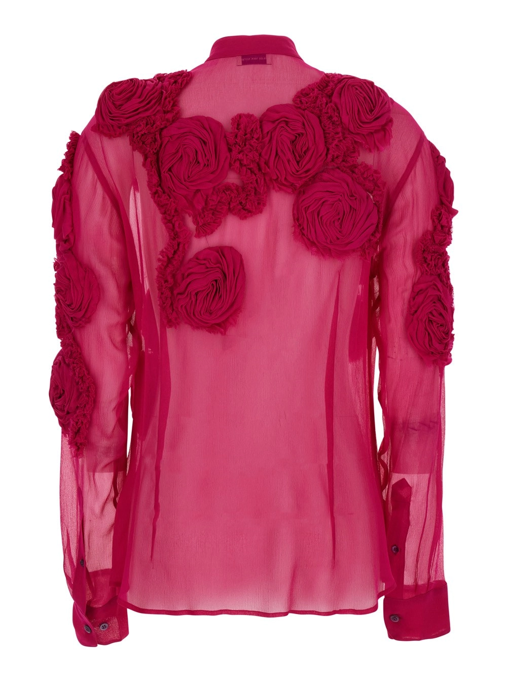 Dries Van Noten Camicia con Colletto alla Coreana e Ricami Floreali 3D All-Over in Seta Fuxia Donna, view 2
