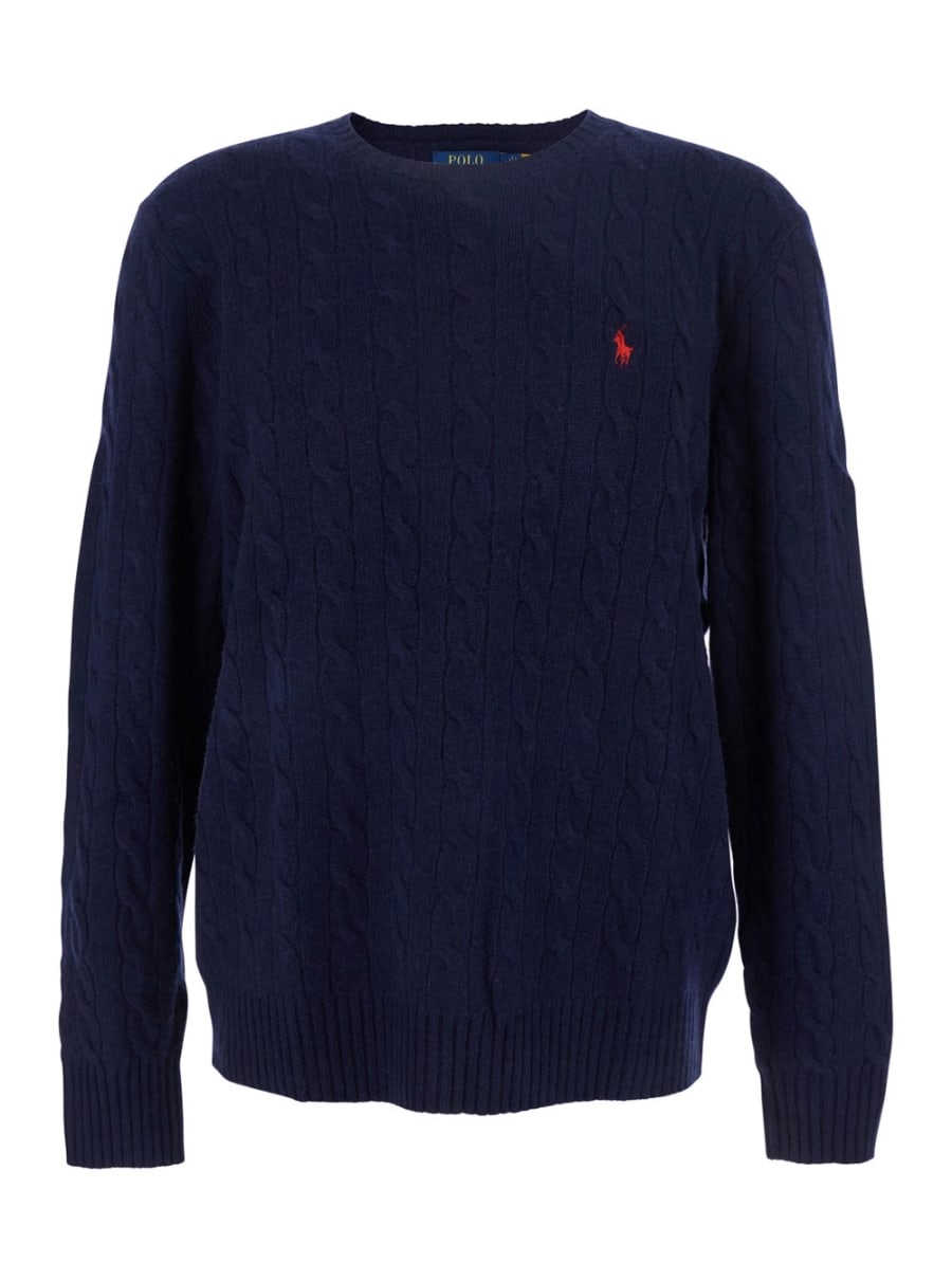 Polo Ralph Lauren Maglione Girocollo con Lavorazione a Treccia e Ricamo Cavallino sul Fronte in Lana e Cashmere Blu Uomo