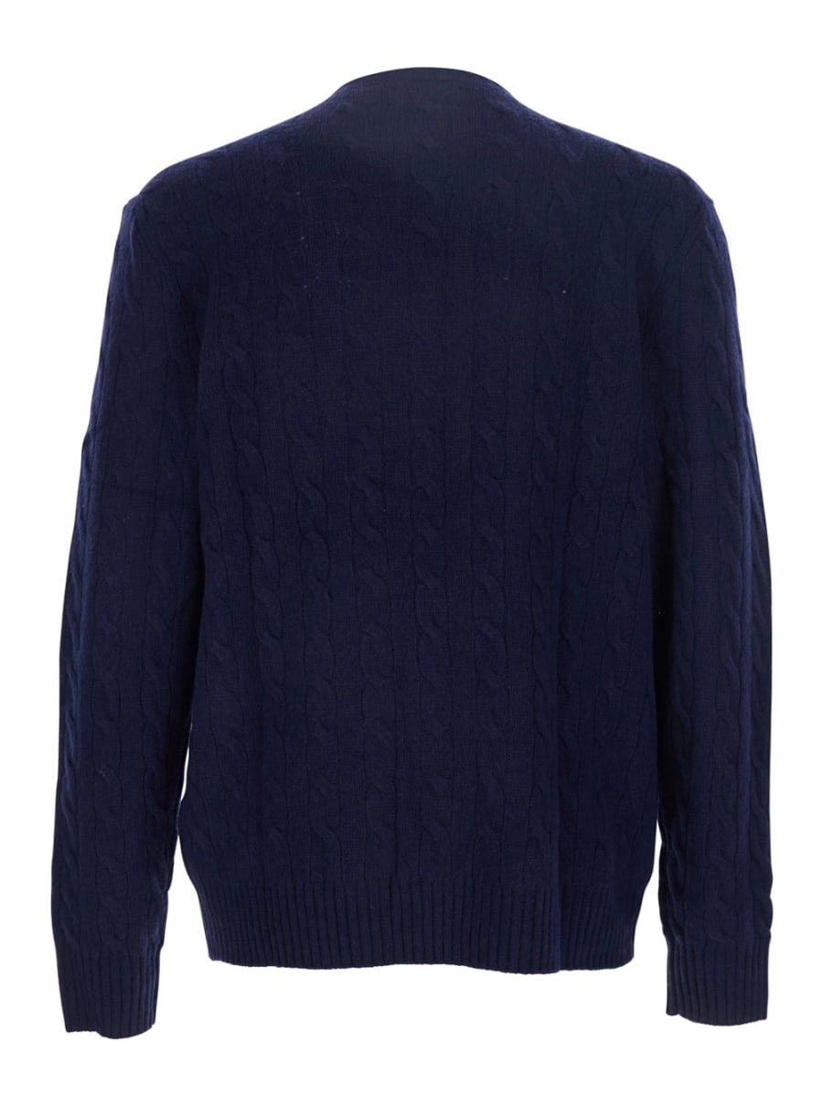 Polo Ralph Lauren Maglione Girocollo con Lavorazione a Treccia e Ricamo Cavallino sul Fronte in Lana e Cashmere Blu Uomo, view 2