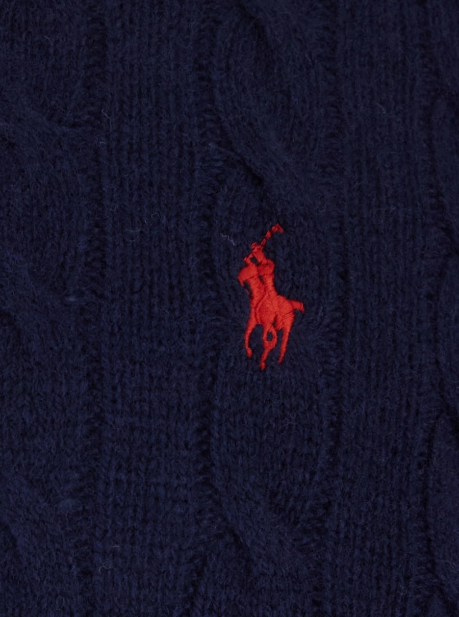 Polo Ralph Lauren Maglione Girocollo con Lavorazione a Treccia e Ricamo Cavallino sul Fronte in Lana e Cashmere Blu Uomo, view 3