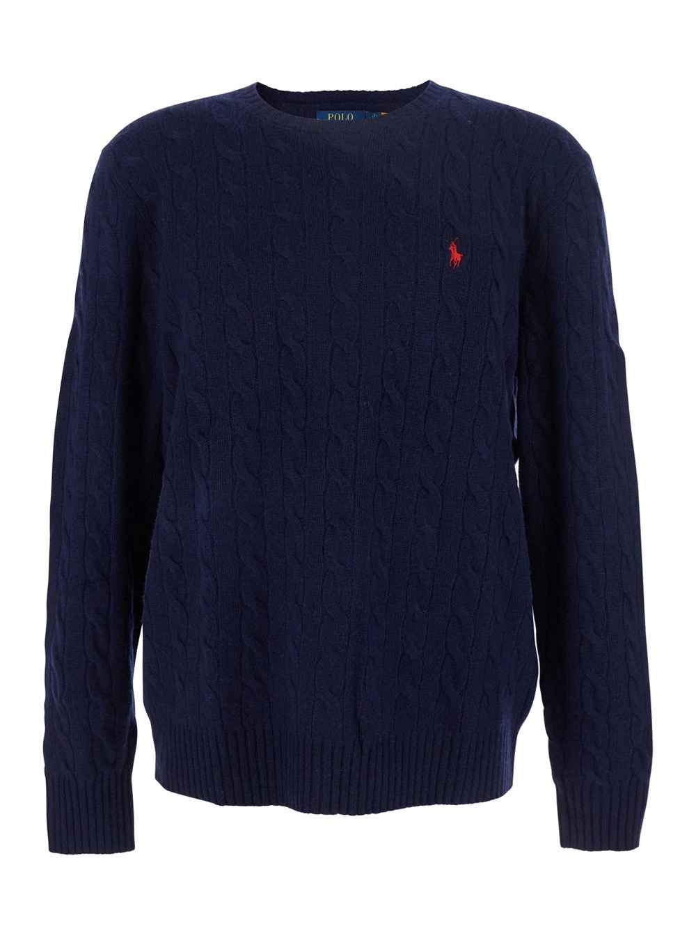 Polo Ralph Lauren Maglione Girocollo con Lavorazione a Treccia e Ricamo Cavallino sul Fronte in Lana e Cashmere Blu Uomo