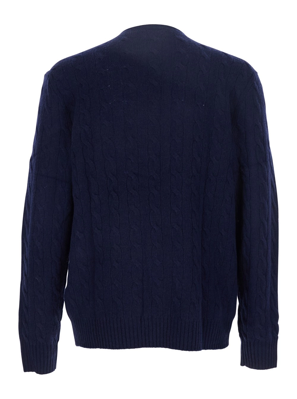 Polo Ralph Lauren Maglione Girocollo con Lavorazione a Treccia e Ricamo Cavallino sul Fronte in Lana e Cashmere Blu Uomo, view 2