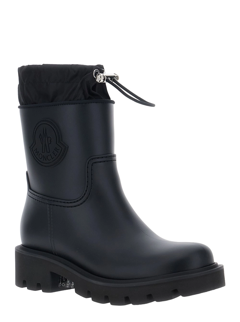 Moncler Stivali 'Kickstream' con Tacco Largo Basso e Patch Logo Tono su Tono in Tessuto Tecnico Neri Donna, view 2
