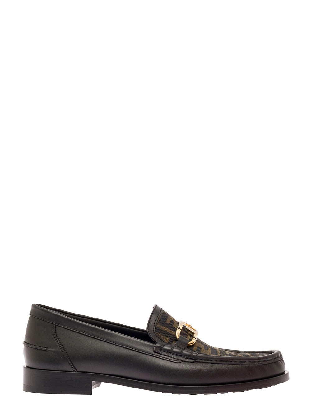 Fendi Mocassini con Placca con Logo FF e Motivo FF All-Over in Pelle Neri Uomo