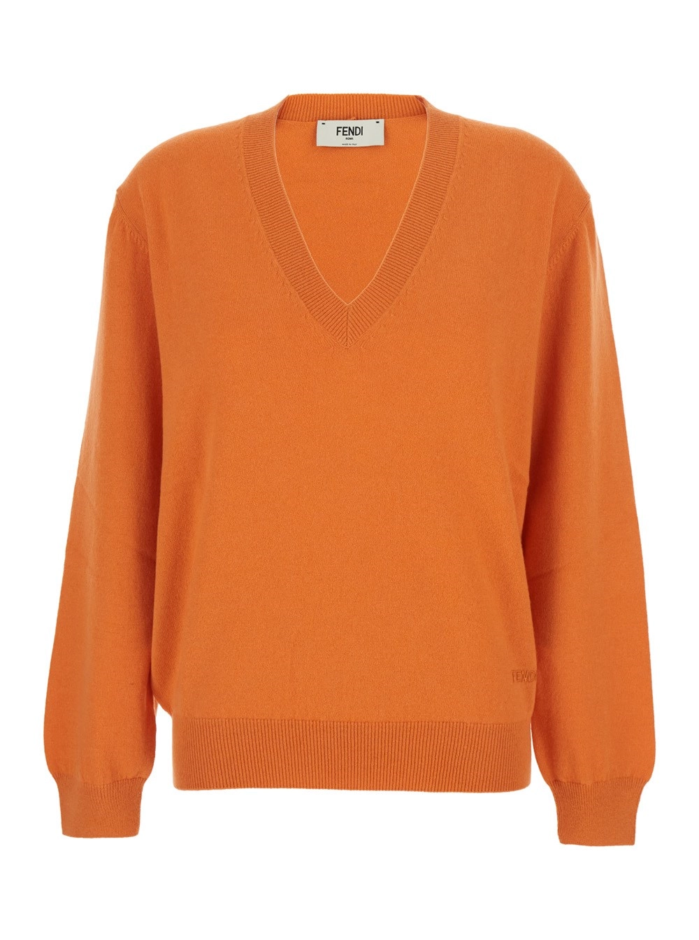 Fendi Maglione Oversize con Scollo a V e Ricamo Logo Lettering sul Fronte in Cashmere Arancione Donna