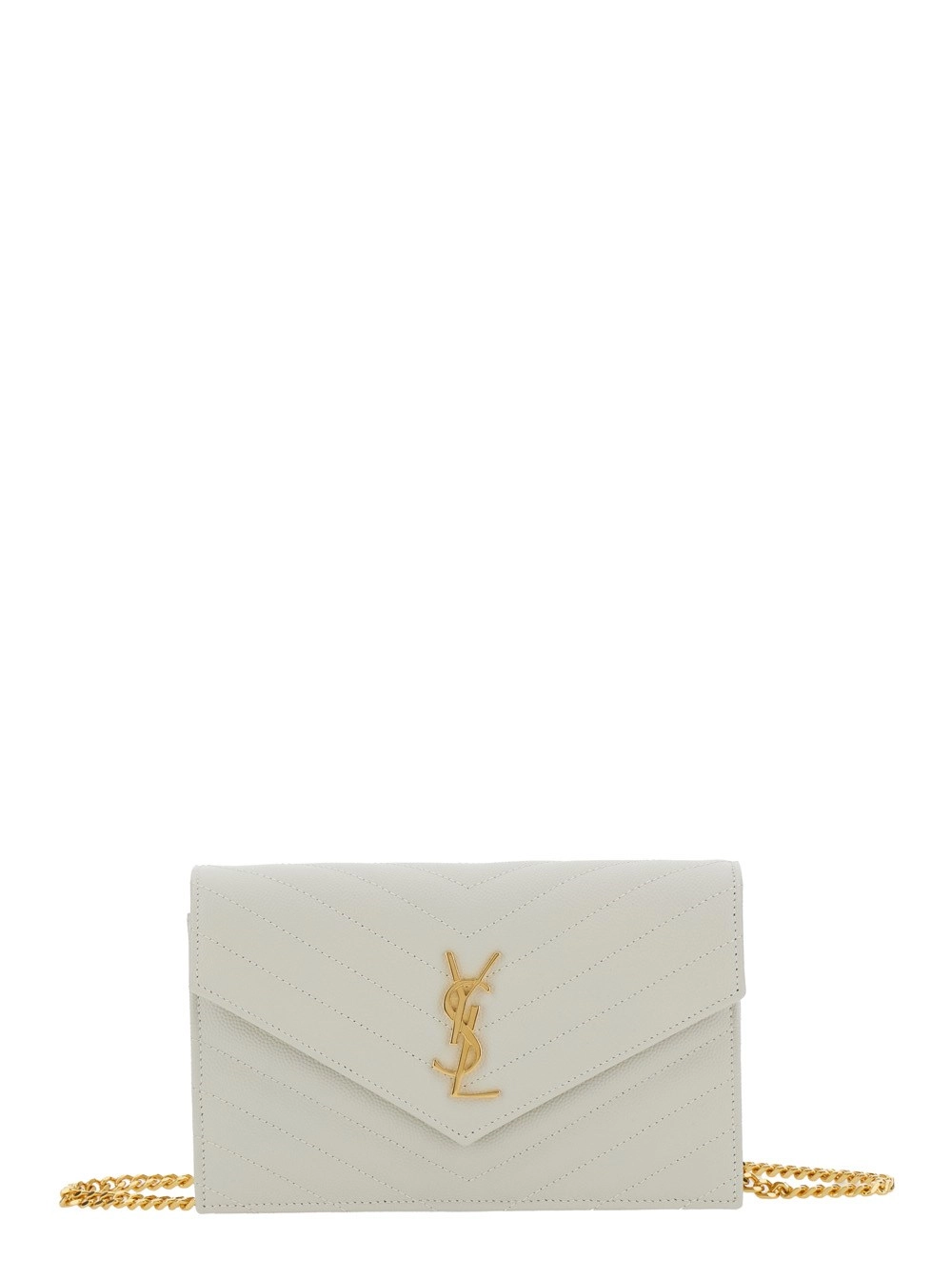 Saint Laurent Borsa a Tracolla con Tracolla a Catena e Placca Cassandre sul Fronte in Pelle Bianca Donna