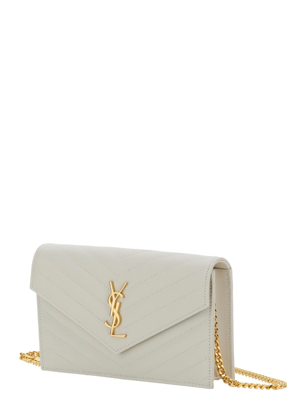 Saint Laurent Borsa a Tracolla con Tracolla a Catena e Placca Cassandre sul Fronte in Pelle Bianca Donna, view 2