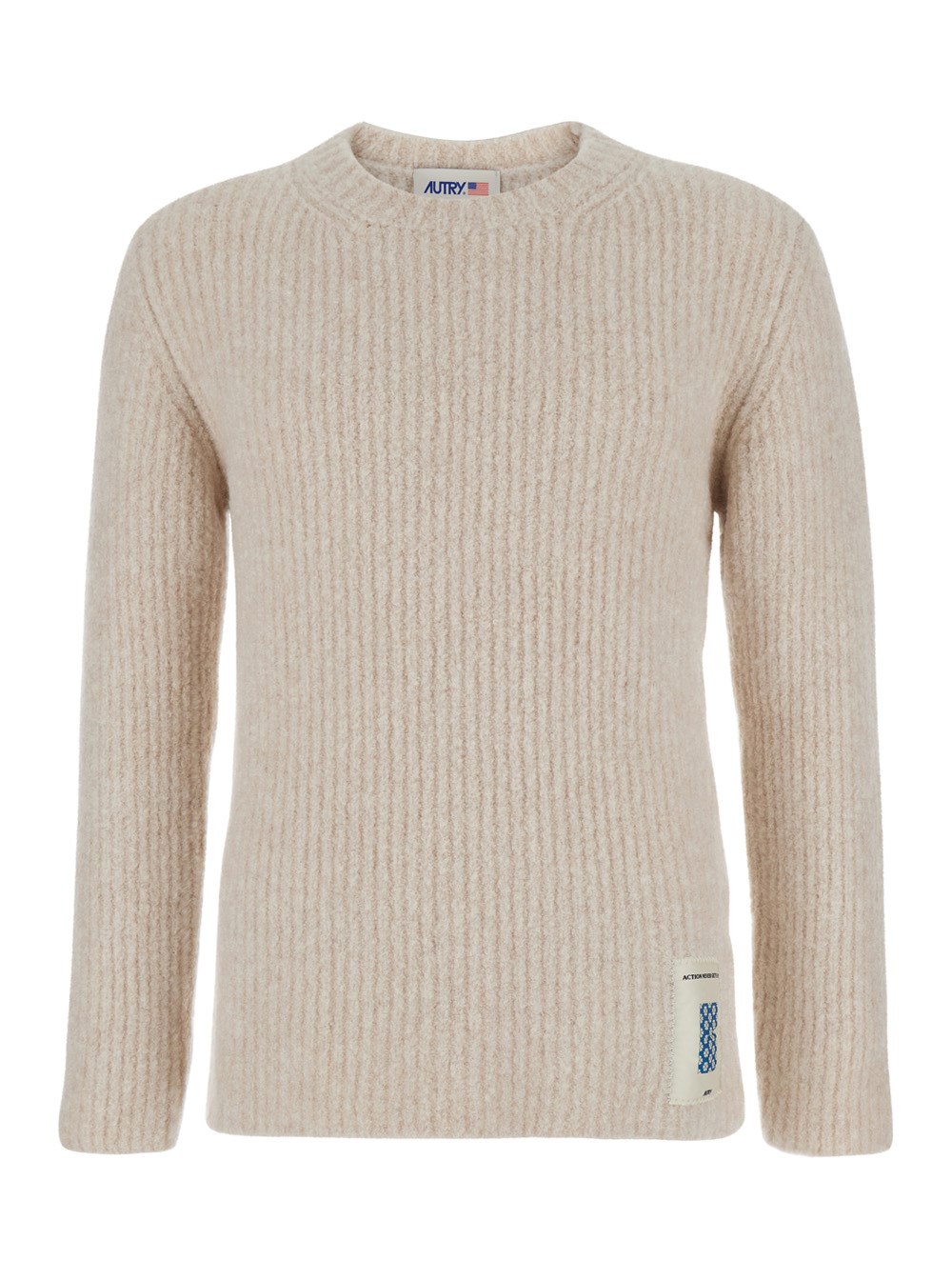 Autry Maglioncino Girocollo con Patch Logo in Tessuto Beige Uomo