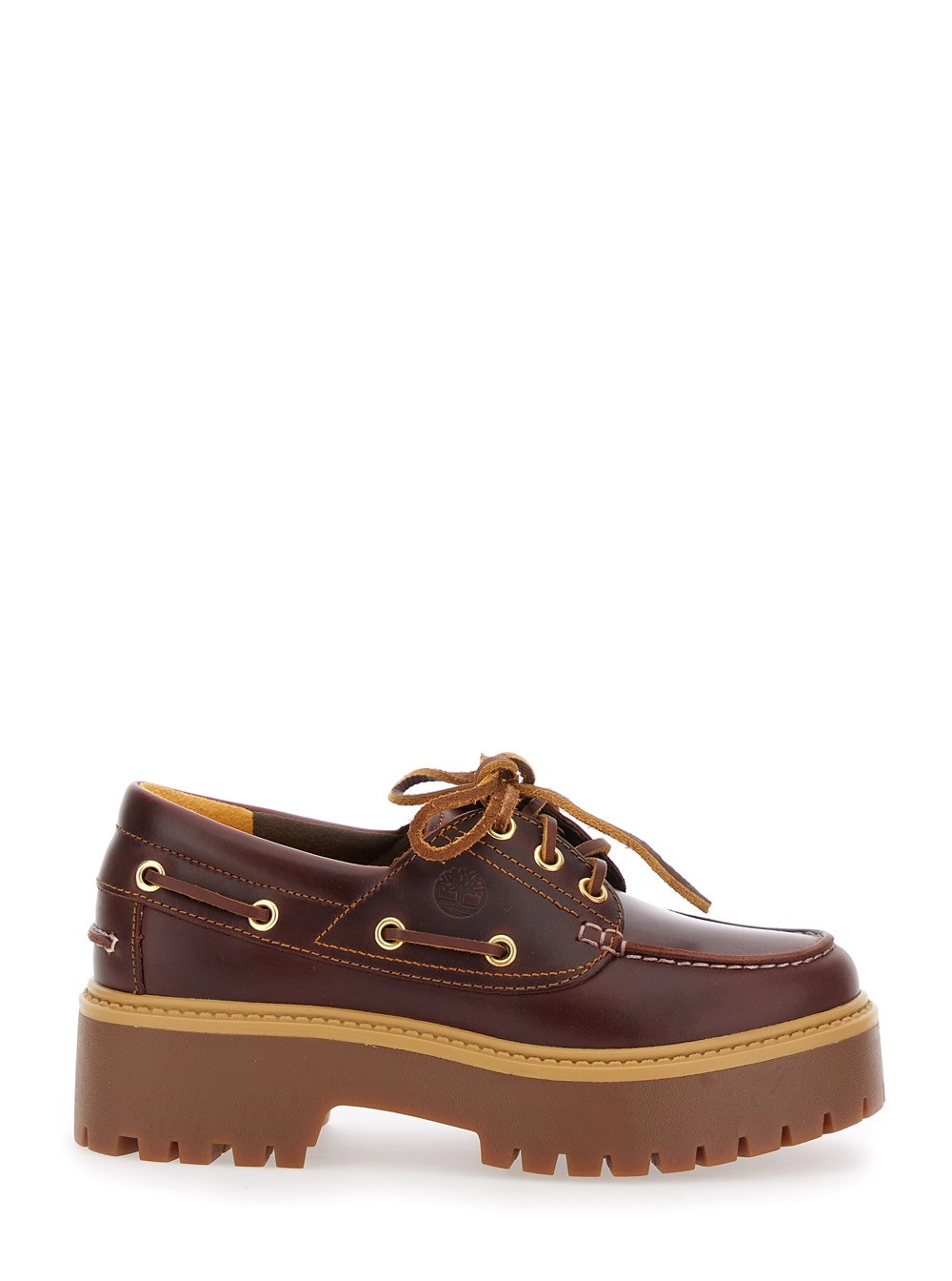 Timberland Mocassini da Barca con Logo Inciso e Plateau in Pelle Marrone Donna