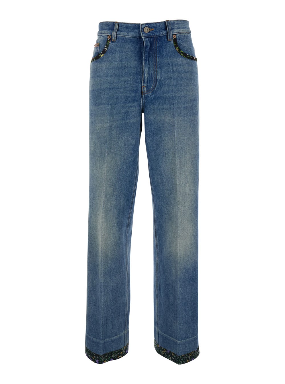 Valentino Jeans con Patch Logo sul Retro e Dettagli Floreali in Denim Blu Donna