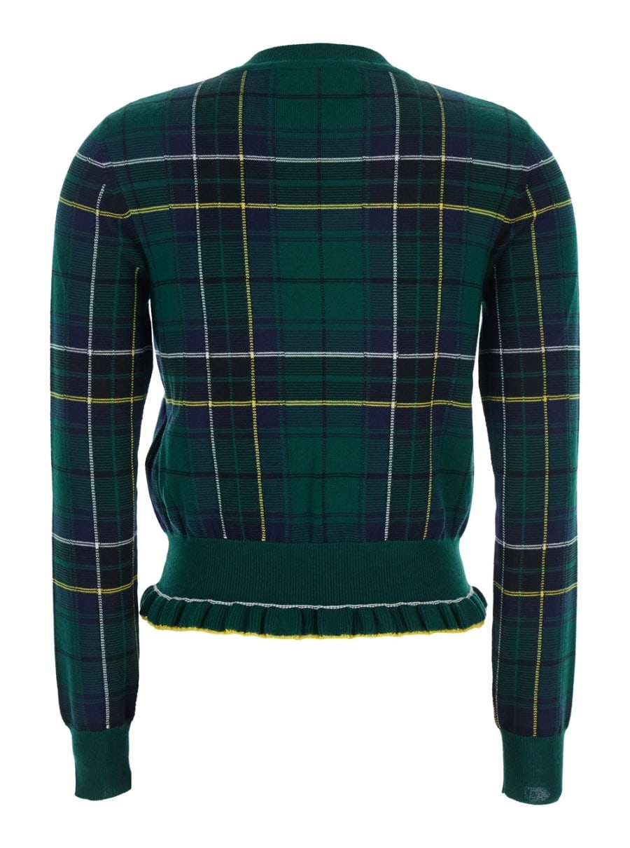 Alexander McQueen Maglione Girocollo con Motivo Tartan e Bordo Sfrangiato in Lana Verde Donna, view 2