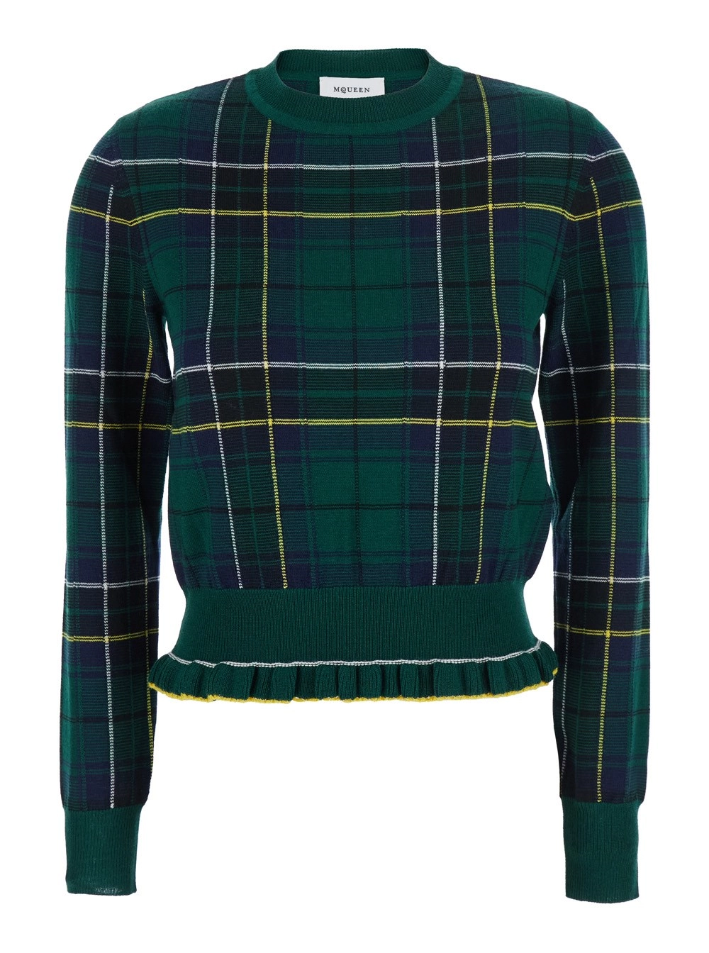 Alexander McQueen Maglione Girocollo con Motivo Tartan e Bordo Sfrangiato in Lana Verde Donna