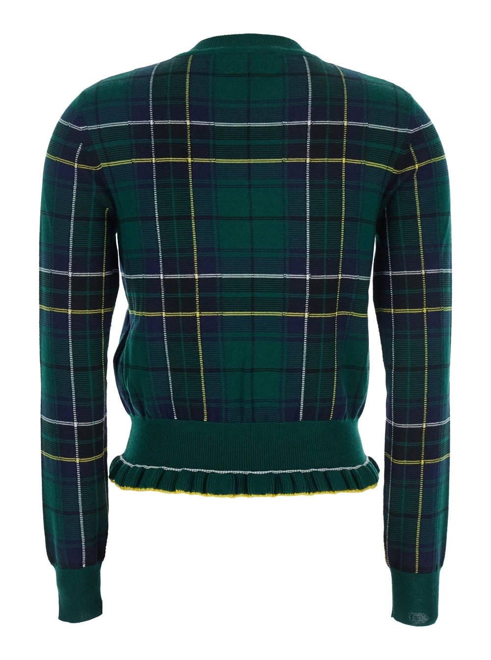 Alexander McQueen Maglione Girocollo con Motivo Tartan e Bordo Sfrangiato in Lana Verde Donna, view 2