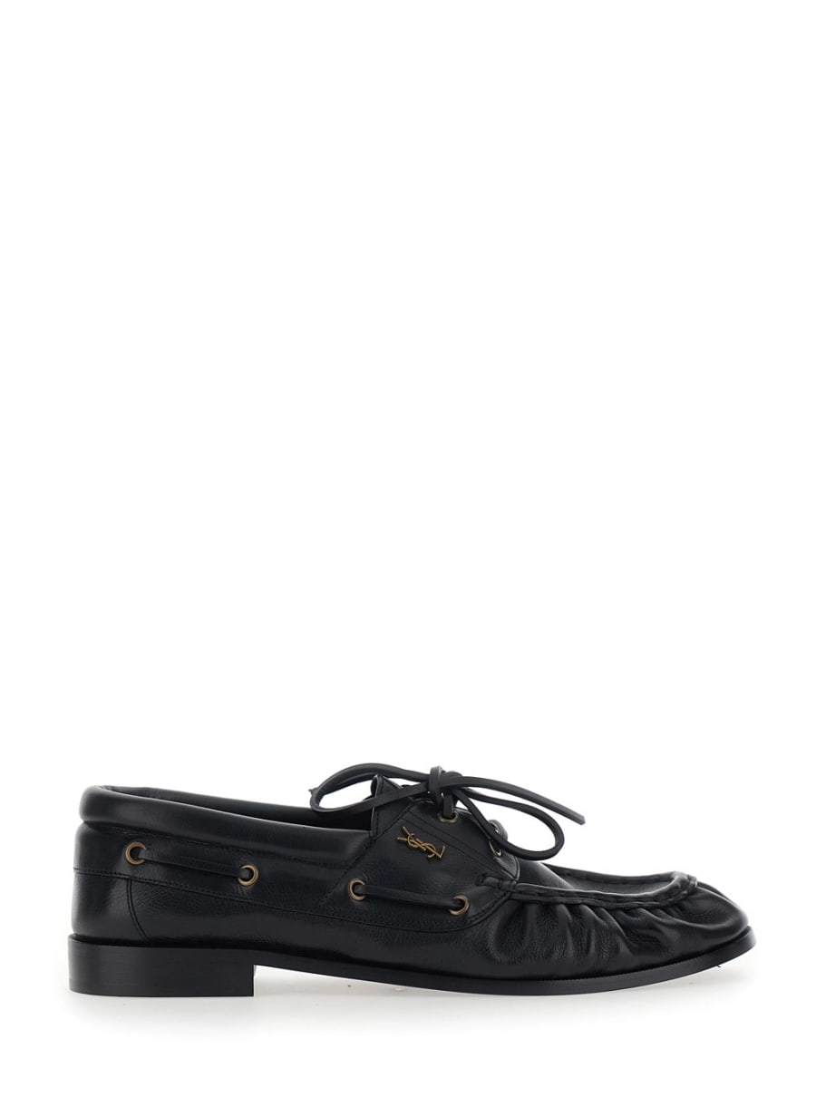Saint Laurent Mocassini da barca 'Le Loafer Bateau' con Punta Moc Cucita a Mano e Placca Cassandre in Pelle martellata neri uomo