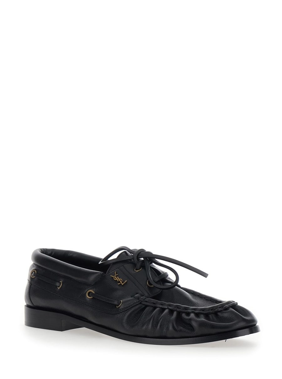 Saint Laurent Mocassini da barca 'Le Loafer Bateau' con Punta Moc Cucita a Mano e Placca Cassandre in Pelle martellata neri uomo, view 2