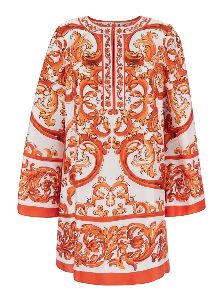 Dolce & Gabbana Abito Mini con Maniche Lunghe Ampie e Motivo Maiolica All-Over in Seta Arancione Donna