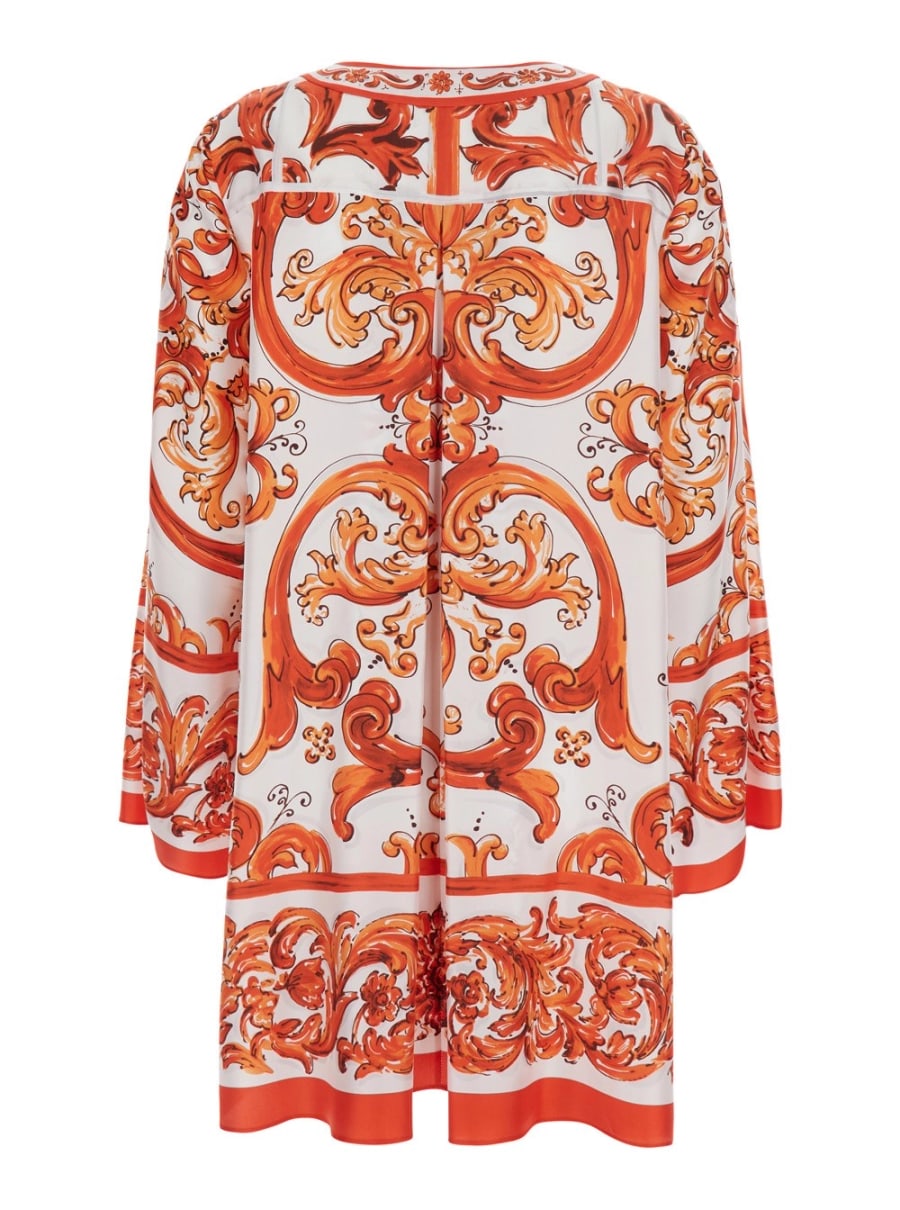 Dolce & Gabbana Abito Mini con Maniche Lunghe Ampie e Motivo Maiolica All-Over in Seta Arancione Donna, view 2