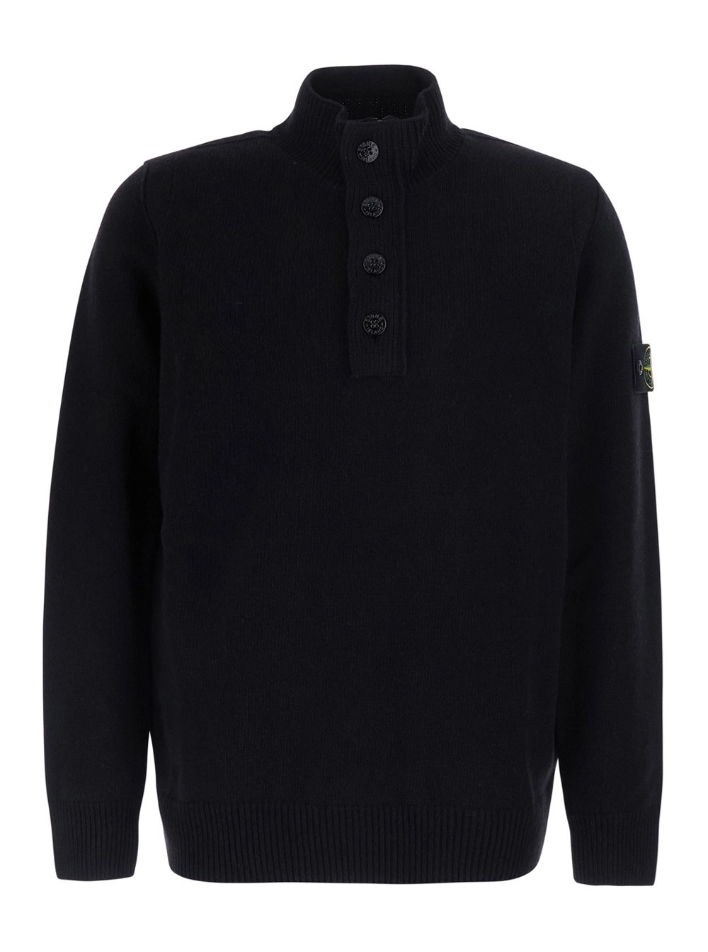 Stone Island Maglione a collo alto con bottoni sul fronte e patch logo sulla manica in lana nero uomo