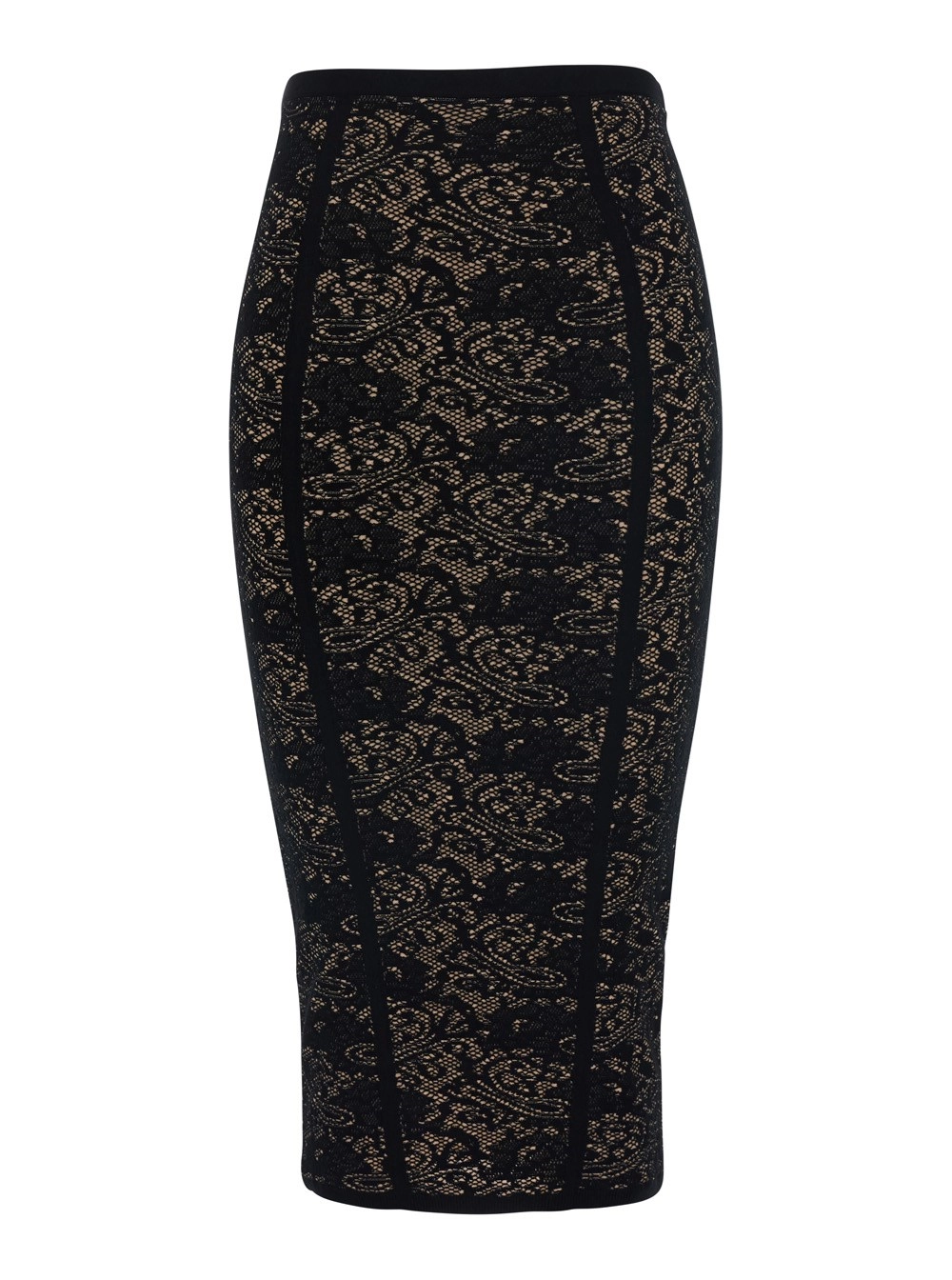 Elisabetta Franchi Gonna midi con vita elasticizzata e ricamo in pizzo all-over in misto viscosa nera donna
