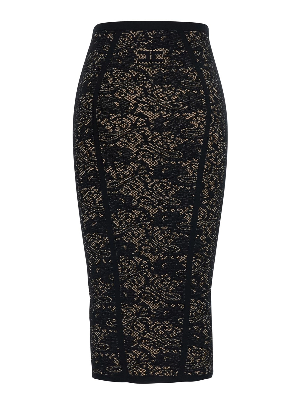 Elisabetta Franchi Gonna midi con vita elasticizzata e ricamo in pizzo all-over in misto viscosa nera donna, view 2