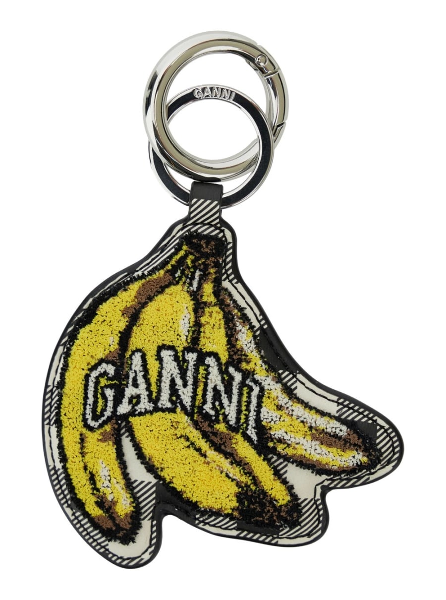 Ganni Portachiavi a Forma di Casco di Banane con Logo Lettering sul Fronte in Pelle e Tessuto Tecnico Multicolor Donna