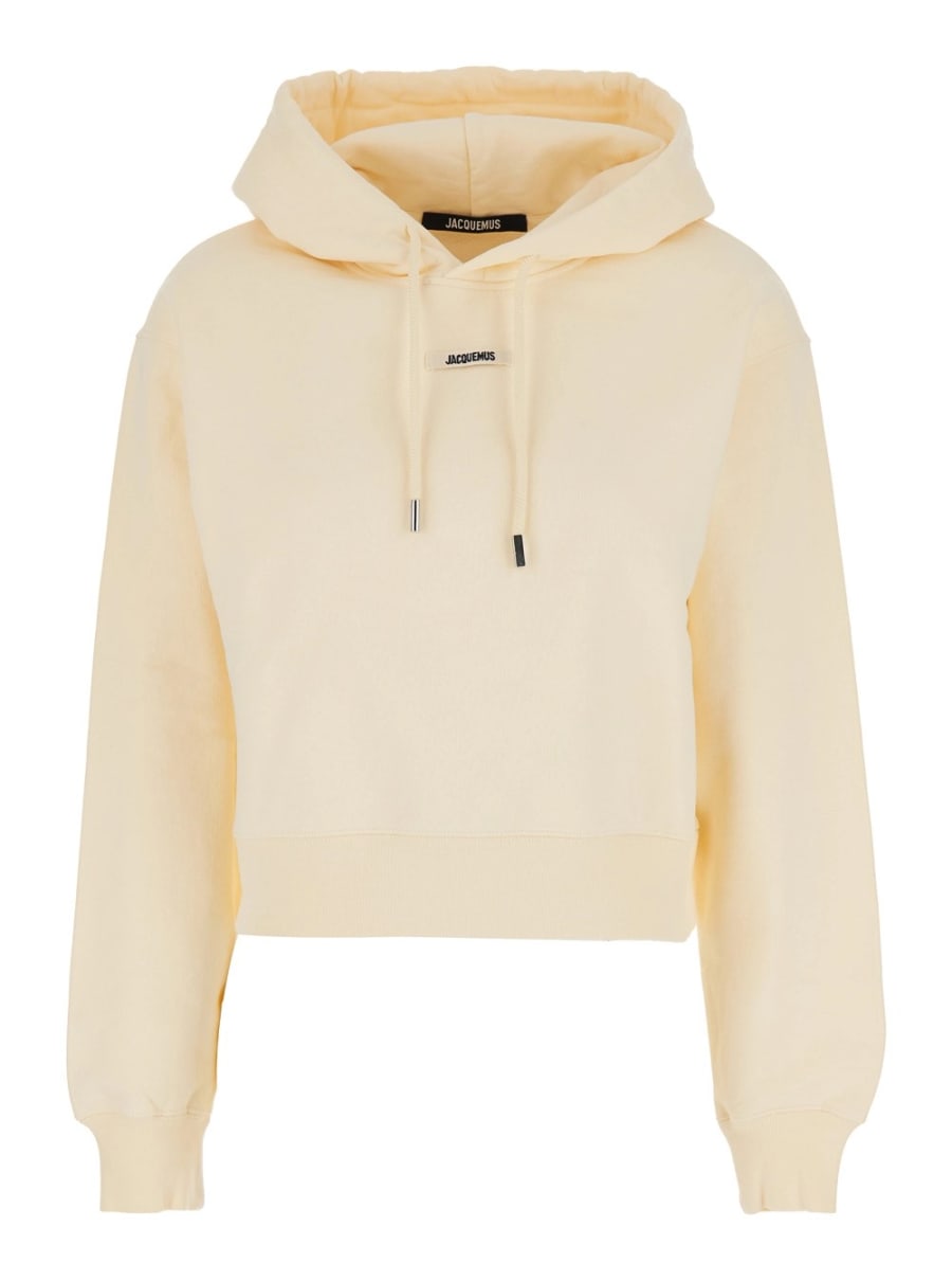 Jacquemus Felpa Crop  'Le Hoodie Gros Grain' con Cappuccio con Coulisse e Patch Logo sul Fronte in Cotone Beige Donna
