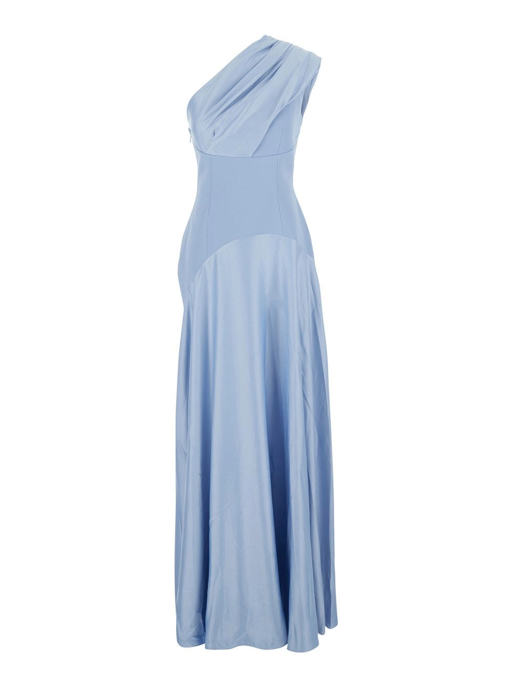 Solace london Abito Lungo 'Gabriela' Monospalla con corpetto asimmetrico e drappeggio in tessuto tecnico azzurro donna