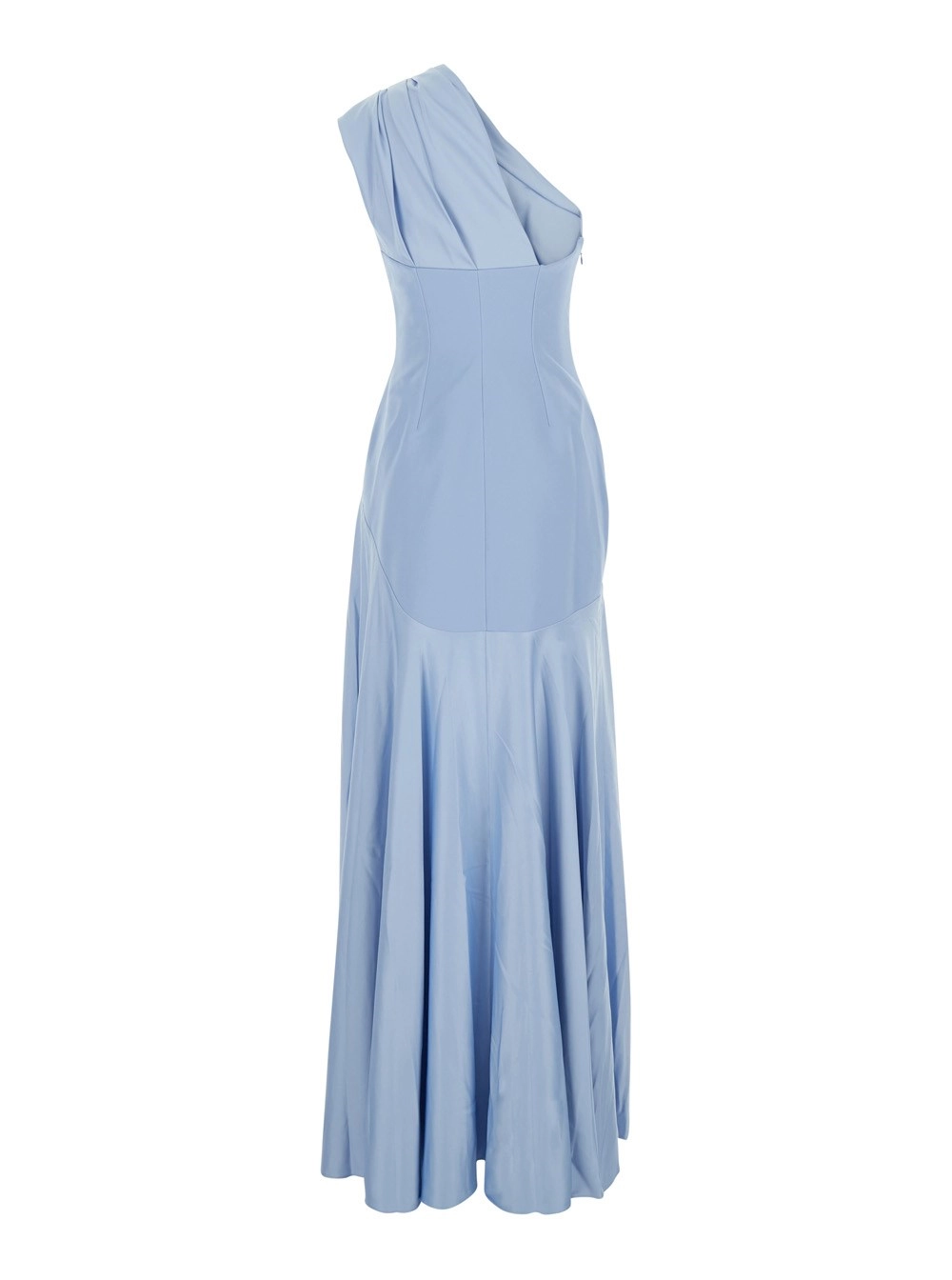 Solace london Abito Lungo 'Gabriela' Monospalla con corpetto asimmetrico e drappeggio in tessuto tecnico azzurro donna, view 2