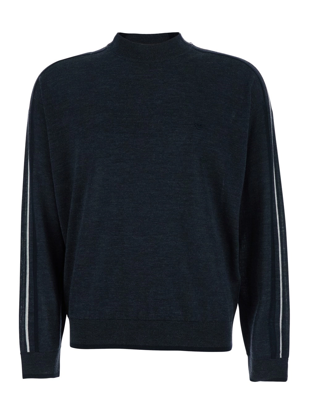 Emporio Armani Maglione Girocollo con Dettaglio a Righe sulla Manica in Lana Grigio Scuro Uomo