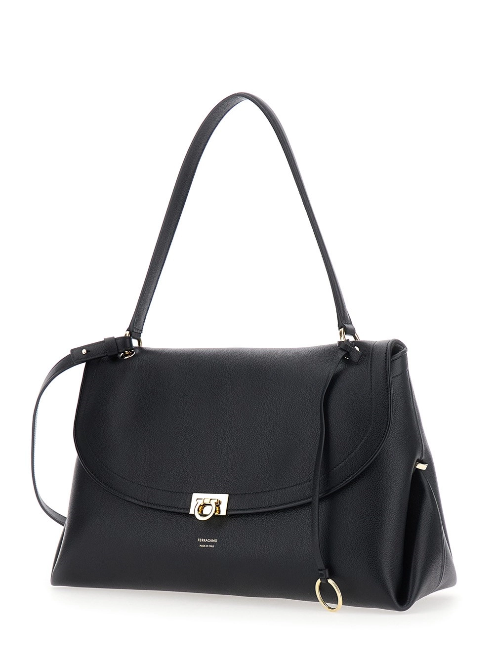 Ferragamo Borsa a spalla con tracolla regolabile e chiusura con fibbia Gancini in pelle nera donna, view 2