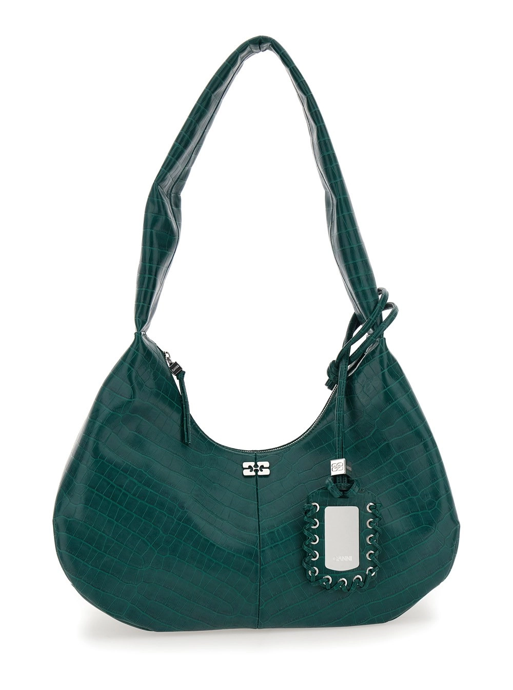 Ganni Borsa a Spalla 'Bou' Media con Effetto Pelle Coccodrilo e Placca Logo in Pelle Verde Donna