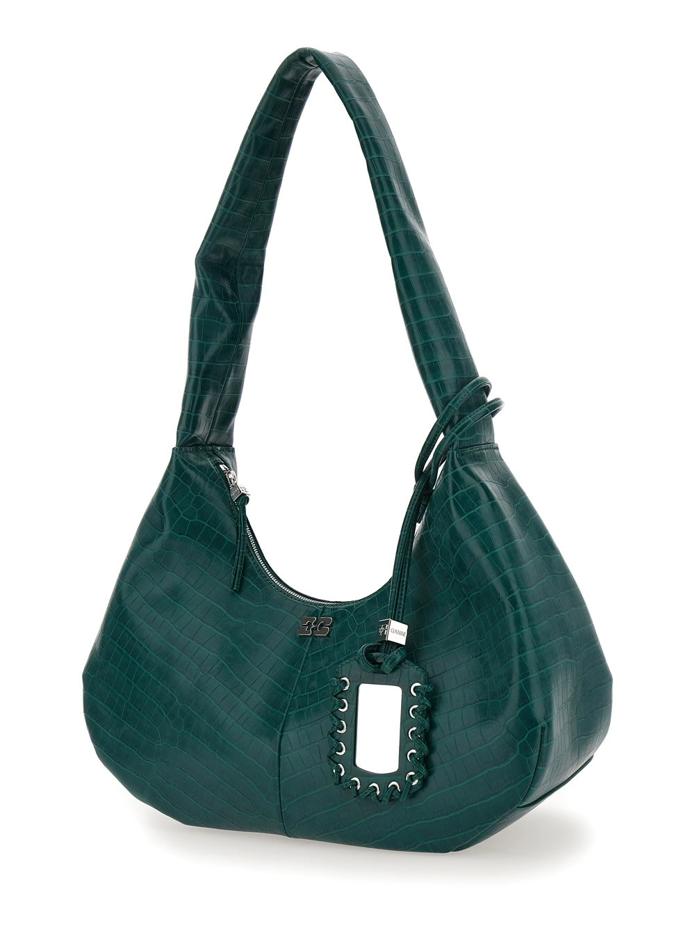 Ganni Borsa a Spalla 'Bou' Media con Effetto Pelle Coccodrilo e Placca Logo in Pelle Verde Donna, view 2