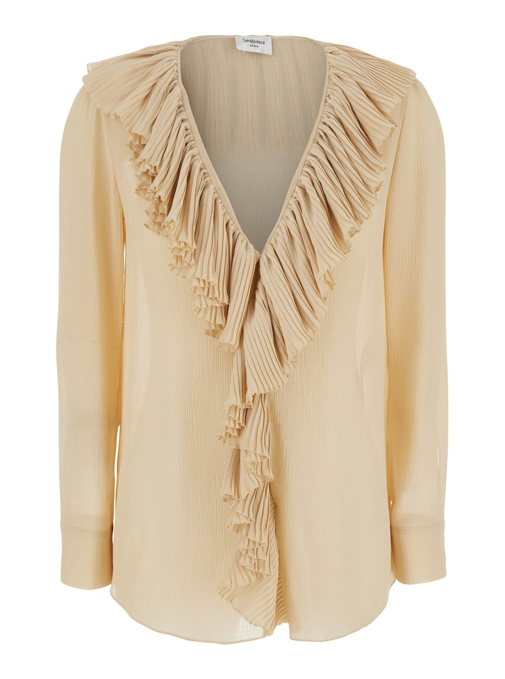 Saint Laurent Blusa con Scollo a V e Balze su Fronte e Retro in Seta Beige Donna