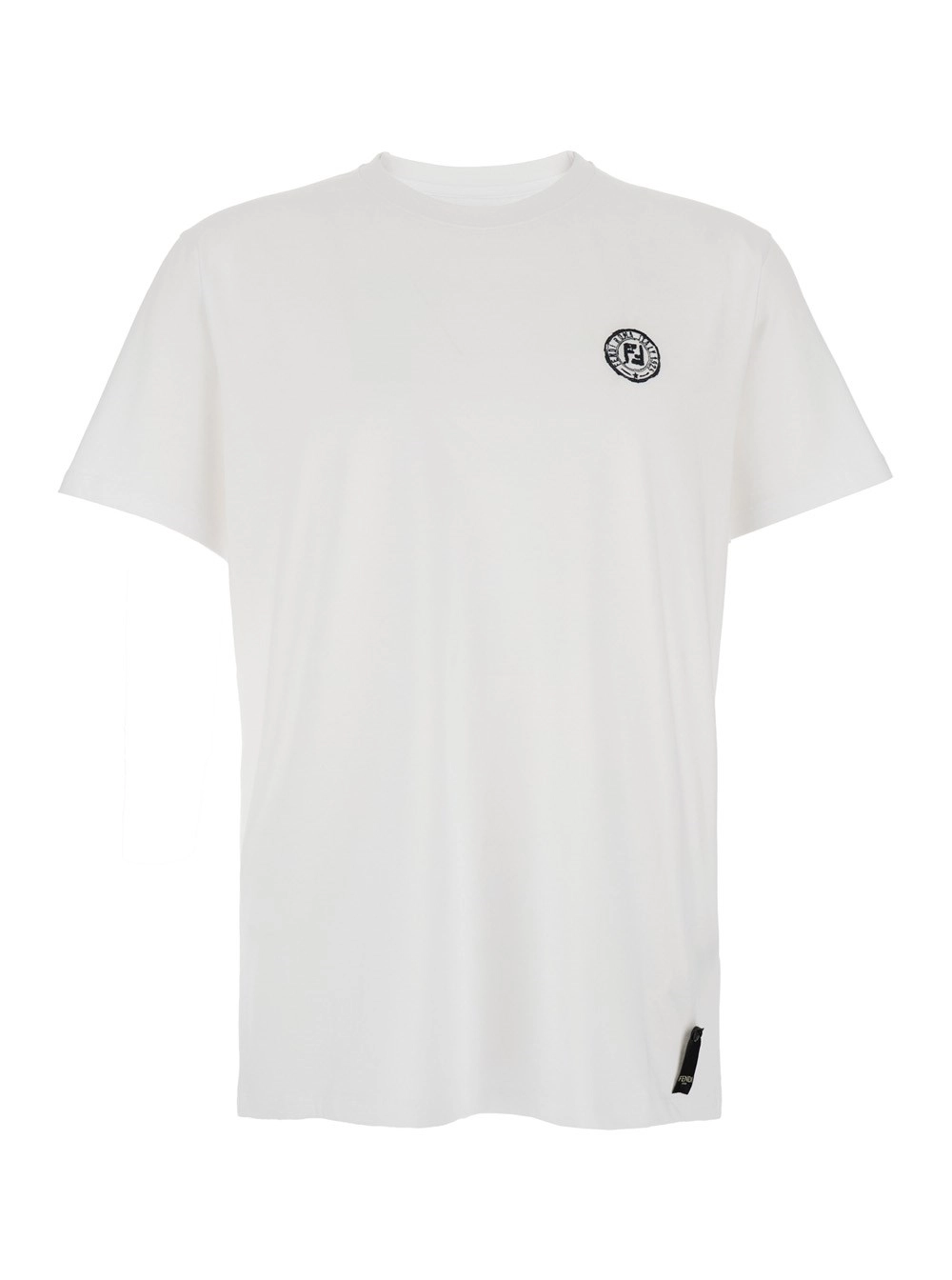 Fendi T-Shirt Girocollo con Stampa Logo sul Fronte e Patch Logo sul Retro in Cotone Bianca Uomo