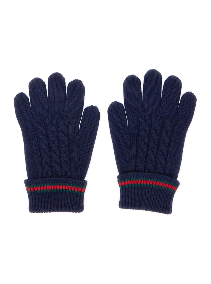 Gucci kids Guanti con Lavorazione Tricot e Dettaglio Web in Lana Blu Bambino