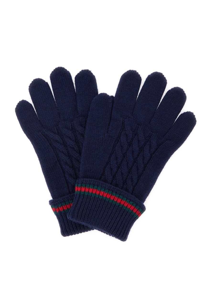 Gucci kids Guanti con Lavorazione Tricot e Dettaglio Web in Lana Blu Bambino, view 3