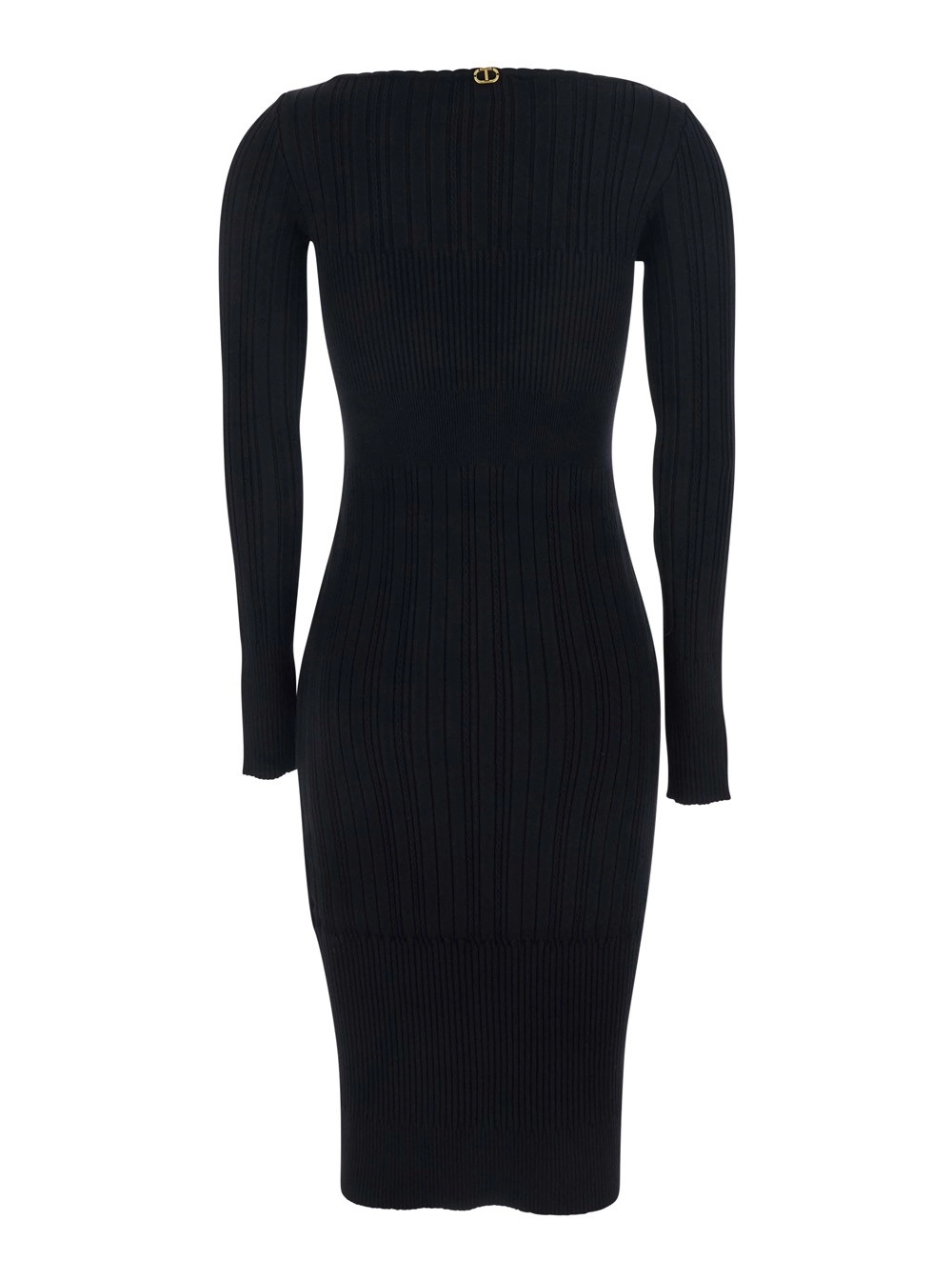 Twinset Abito Lungo con Scollo a Barca e Design a Coste in Tessuto Nero Donna, view 2