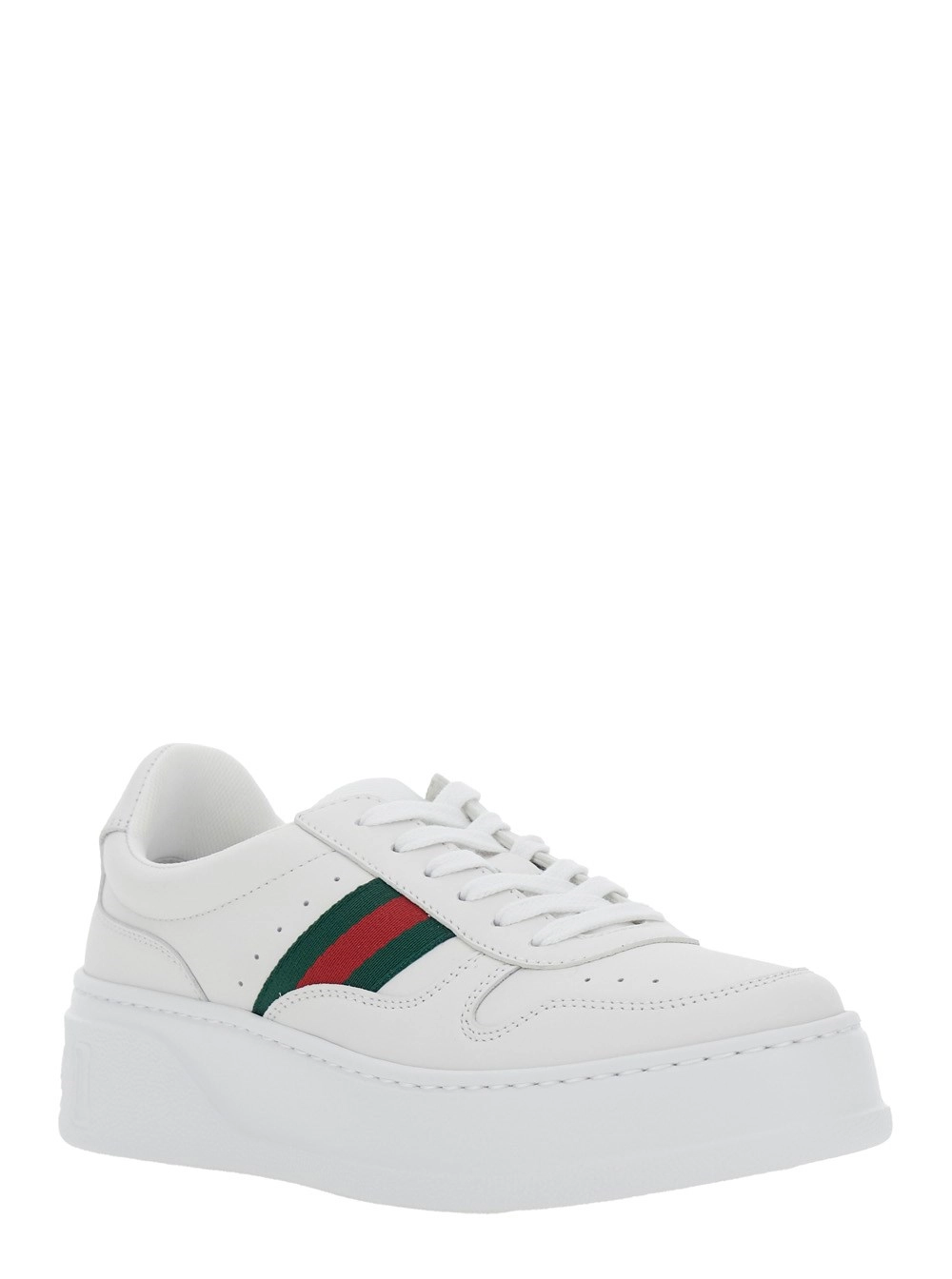 Gucci Sneaker con Dettaglio Web e Suola Oversize in Pelle Bianche Donna, view 2