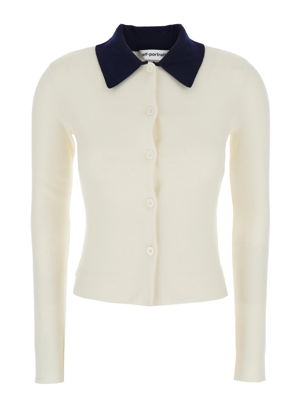 self-portrait Cardigan Crop con Colletto a Contrasto e Chiusura con Bottoni Tono su Tono in Lana Bianco Donna