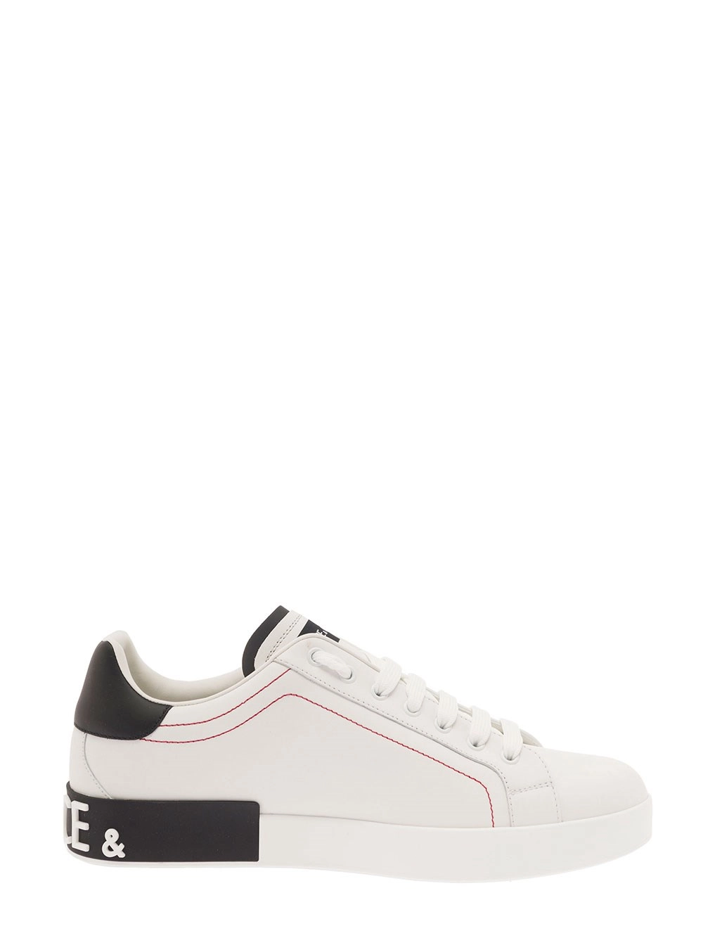 Dolce & Gabbana Sneaker Basse 'Portofino' con Logo Applicato e Cuciture a Contrasto in Pelle Liscia Bianca Uomo