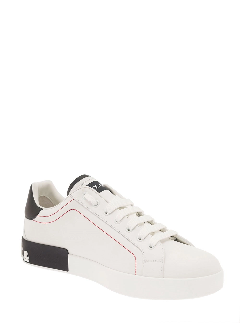 Dolce & Gabbana Sneaker Basse 'Portofino' con Logo Applicato e Cuciture a Contrasto in Pelle Liscia Bianca Uomo, view 2